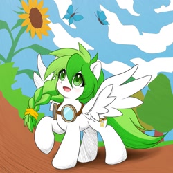 Size: 2000x2000 | Tagged: safe, artist:ragurimo, oc, oc only, butterfly, pegasus, pony, female, flower, goggles, high res, looking up, mare, open mouth, raised hoof, solo, sunflower, tree, wings