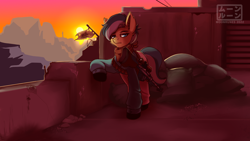 Size: 1920x1080 | Tagged: safe, artist:moonrunes, earth pony, pony, fallout, gun, ncr, ncr ranger, rifle, sniper rifle, solo, weapon