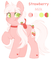 Size: 1800x2048 | Tagged: safe, artist:adostume, oc, oc only, oc:strawberry milk, earth pony, pony, blushing, bow, cute, eyes open, female, food, heart, hearts on hooves, pigtails, ponytails, reference sheet, simple background, smiling, solo, strawberry, white background