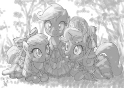 Size: 842x595 | Tagged: safe, artist:yanamosuda, apple bloom, scootaloo, sweetie belle, earth pony, pegasus, pony, unicorn, g4, blushing, clothes, cutie mark crusaders, dress, female, filly, foal, grayscale, happy, lolita fashion, looking at each other, monochrome, smiling, smiling at each other