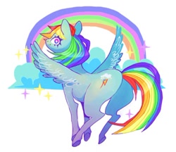 Size: 500x431 | Tagged: safe, artist:batthsalts, rainbow dash, pegasus, pony, butt, cloud, looking at you, looking back, looking back at you, plot, rainbow, rainbutt dash, simple background, solo, sparkles, spread wings, white background, wide eyes, wings