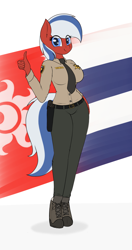 Size: 1900x3600 | Tagged: safe, artist:ponynamedmixtape, oc, oc:iron sights, anthro, unguligrade anthro, clothes, female, flag, gun, holster, necktie, police, police uniform, sheriff, shoes, simple background, solo, thumbs up, uniform, weapon