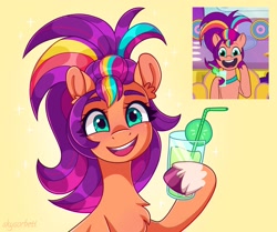 Size: 2048x1715 | Tagged: safe, artist:skysorbett, screencap, sunny starscout, earth pony, pony, g5, mane melody, my little pony: tell your tale, spoiler:g5, spoiler:my little pony: tell your tale, spoiler:tyts01e05, alternate hairstyle, bust, chest fluff, cute, drink, ear fluff, female, glass, looking at you, mane stripe sunny, open mouth, open smile, screencap reference, smiling, solo, sparkles, straw, sunnybetes