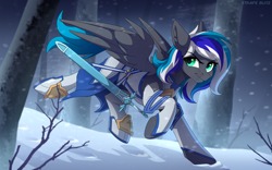 Size: 3468x2160 | Tagged: safe, artist:strafe blitz, oc, oc only, oc:flaming dune, pegasus, pony, clothes, concave belly, escape, female, forest, green eyes, grin, high res, looking away, mare, partially open wings, running, slender, smiling, snow, snowfall, solo, sword, thin, weapon, wings