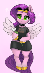Size: 725x1200 | Tagged: safe, artist:ahobobo, pipp petals, pegasus, semi-anthro, g5, bipedal, choker, clothes, dress, female, flower, headband, heart, mare, sad, simple background, solo, spread wings, stars, text, unshorn fetlocks, wings