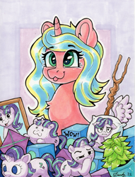 Size: 1801x2360 | Tagged: safe, artist:dandy, phyllis, starlight glimmer, oc, oc only, oc:blitzy, pony, g4, :i, :p, boop, copic, ear fluff, fangirl, horn, i mean i see, kite, marker drawing, meme, merchandise, multeity, picture frame, pillow, plant, plushie, self-boop, solo, staff, staff of sameness, starlight cluster, starlight says bravo, tongue out, traditional art, wings, wow! glimmer