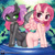 Size: 3000x3000 | Tagged: safe, artist:fd, oc, oc only, oc:mitsy, alicorn, bat pony, semi-anthro, alicorn oc, arm hooves, bat pony oc, bell, bell collar, butt to butt, butt touch, chest fluff, collar, cute, duo, female, high res, horn, looking at you, oc x oc, outdoors, pond, shipping, smiling, swimming pool, water, wings