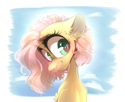 Size: 1280x1048 | Tagged: safe, artist:wacky-skiff, fluttershy, pony, g4, alternate hairstyle, aside glance, bust, chest fluff, ear fluff, eyelashes, female, head tilt, heart, heart eyes, looking at you, mare, portrait, short hair, sky background, smiling, solo, three quarter view, wall smath, wingding eyes