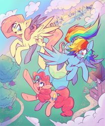 Size: 1280x1528 | Tagged: safe, artist:butterflyvanessa, fluttershy, pinkie pie, rainbow dash, earth pony, pegasus, pony, g4, balloon, bandaid, bandaid on nose, clock tower, cloud, deviantart watermark, ear fluff, female, floating, flying, gritted teeth, high angle, looking at each other, looking at someone, looking up, mare, obtrusive watermark, open mouth, open smile, outdoors, path, reaching, smiling, spread wings, sunrise, sunset, teeth, then watch her balloons lift her up to the sky, tree, trio, vertigo, watermark, wings