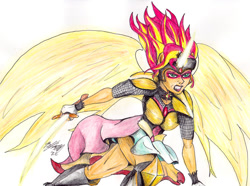 Size: 1280x953 | Tagged: safe, artist:masterdarhil, sunset shimmer, human, equestria girls, g4, angry, daydream shimmer, fanfic art, fantasy class, gritted teeth, sword, teeth, traditional art, warrior, watercolor painting, weapon, wings