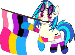 Size: 1233x901 | Tagged: safe, artist:yeetmedownthestairs, dj pon-3, vinyl scratch, pony, unicorn, g4, clothes, commission, cute, face paint, flag, genderfluid, genderfluid pride flag, grin, mouth hold, pansexual, pansexual pride flag, pride, pride flag, pride month, pride socks, raised hoof, raised leg, simple background, smiling, socks, solo, striped socks, transparent background, vinyl's glasses, vinylbetes, ych result