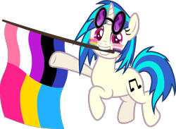 Size: 1233x901 | Tagged: safe, alternate version, artist:yeetmedownthestairs, dj pon-3, vinyl scratch, pony, unicorn, g4, commission, cute, face paint, flag, genderfluid, genderfluid pride flag, grin, mouth hold, pansexual, pansexual pride flag, pride, pride flag, pride month, raised hoof, raised leg, simple background, smiling, solo, transparent background, vinyl's glasses, vinylbetes, ych result