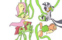 Size: 1080x696 | Tagged: safe, artist:icicle-niceicle-1517, artist:princessdestiny200i, color edit, edit, fluttershy, mane allgood, tree hugger, zecora, earth pony, pegasus, pony, zebra, g4, bandana, bondage, collaboration, colored, ear piercing, earring, eyes closed, female, fetish, hoof fetish, hoof tickling, jewelry, laughing, mare, neck rings, piercing, simple background, tickle fetish, tickle torture, tickling, transparent background, vine, vine bondage