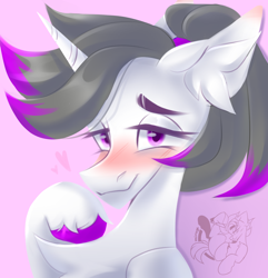 Size: 1400x1454 | Tagged: safe, artist:mirage, oc, oc only, oc:hazel radiate, pony, unicorn, birthday gift art, blushing, bust, chest fluff, colored hooves, commission, commission open, ear fluff, eyebrows, eyelashes, female, gift art, head, headshot commission, highlights, horn, lidded eyes, looking at you, mare, pink background, ponytail, portrait, purple eyes, simple background, smiling, smiling at you, solo, unicorn oc, unshorn fetlocks