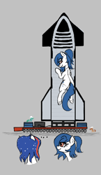 Size: 239x413 | Tagged: safe, artist:seafooddinner, oc, oc only, oc:nasapone, oc:spacexpone, earth pony, pony, ..., aggie.io, butt, earth pony oc, female, gray background, looking back, mare, plot, rocket, simple background, smiling, train