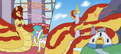 Size: 3600x1600 | Tagged: safe, artist:triksa, princess celestia, oc, oc:acorn, alicorn, kirin, lamia, original species, pony, g4, canterlot, coils, giant lamia, hypnosis, hypnotized, macro, ruins, swirly eyes, tail