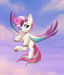 Size: 1097x1280 | Tagged: safe, artist:shiracipher, zipp storm, pegasus, pony, g5, female, flying, looking at you, mare, one eye closed, sky background, solo, unshorn fetlocks, wink, winking at you