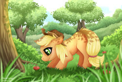 Size: 1280x853 | Tagged: safe, artist:shiracipher, applejack, earth pony, pony, g4, apple, applejack's hat, complex background, cowboy hat, dappled sunlight, female, food, grass, hat, looking at something, mare, smiling, solo, tree