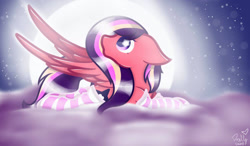 Size: 1280x750 | Tagged: safe, artist:prettyshinegp, oc, oc only, pegasus, pony, clothes, cloud, female, looking back, mare, night, on a cloud, pegasus oc, signature, socks, solo, stars, striped socks, wings
