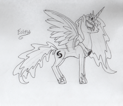 Size: 2877x2491 | Tagged: safe, artist:riygan, oc, oc only, oc:princess eclipse, alicorn, pony, clothes, crown, female, high res, horn, jewelry, mare, pencil drawing, regalia, shoes, spread wings, text, traditional art, wings