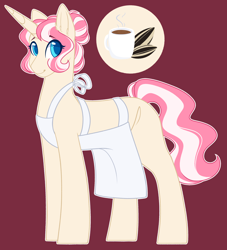 Size: 2296x2528 | Tagged: safe, artist:purplegrim40, oc, oc only, pony, unicorn, apron, clothes, coffee, female, hair bun, high res, horn, mare, mug, offspring, parent:donut joe, parent:princess celestia, red background, simple background, solo, unicorn oc