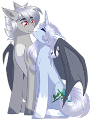 Size: 2158x2838 | Tagged: safe, artist:purplegrim40, oc, oc only, bat pony, pony, unicorn, bat pony oc, bat wings, coat markings, ear fluff, eyes closed, female, high res, horn, male, mare, oc x oc, shipping, simple background, socks (coat markings), stallion, transparent background, unicorn oc, wings