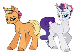 Size: 2393x1706 | Tagged: safe, artist:vetta, applejack, rarity, earth pony, pony, unicorn, g4, look before you sleep, hair curlers, simple background, tongue out, white background