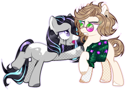 Size: 1600x1143 | Tagged: safe, artist:toffeelavender, oc, oc only, earth pony, pony, base used, clothes, duo, ear piercing, earth pony oc, female, fishnet stockings, makeup, male, mare, obtrusive watermark, piercing, raised hoof, running makeup, simple background, stallion, sunglasses, transparent background, watermark