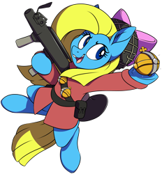 Size: 1975x2131 | Tagged: safe, artist:notetaker, oc, oc only, oc:cuteamena, earth pony, pony, commission, female, grenade, holy hand grenade of antioch, mare, open mouth, open smile, rocket launcher, simple background, smiling, soldier, soldier (tf2), solo, team fortress 2, transparent background, weapon