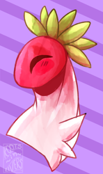 Size: 1122x1895 | Tagged: safe, artist:gothalite, oc, oc only, original species, plant pony, pony, abstract background, bust, chest fluff, food, misleading thumbnail, out of context, plant, signature, smiling, solo, strawberry