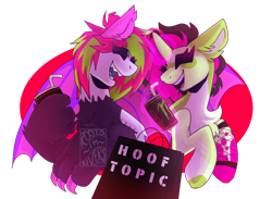 Size: 1280x936 | Tagged: safe, artist:gothalite, oc, oc only, pony, unicorn, bust, chest fluff, duo, ear fluff, horn, hot topic, laughing, monster energy, simple background, transparent background, unicorn oc