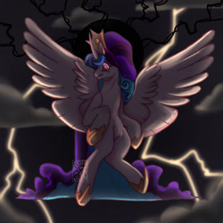 Size: 1280x1280 | Tagged: safe, artist:gothalite, princess celestia, alicorn, pony, g4, cloud, crossed legs, female, hoof shoes, lightning, mare, sitting, solo, spread wings, wings