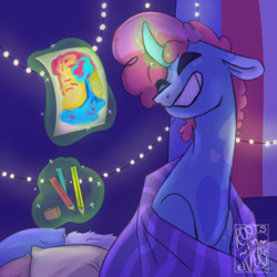 Size: 1280x1280 | Tagged: safe, artist:gothalite, oc, oc only, pony, unicorn, blanket, drawing, glowing, glowing horn, grin, horn, indoors, magic, pencil, pillow, smiling, solo, telekinesis, unicorn oc