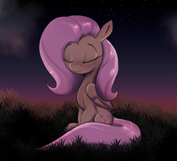 Size: 1989x1804 | Tagged: safe, artist:luxsimx, fluttershy, pegasus, pony, g4, cute, eyes closed, night, shyabetes, solo, starry sky, stars