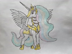 Size: 4032x3024 | Tagged: safe, artist:emerald ice, princess celestia, alicorn, pony, g4, armor, armored pony, female, mare, simple background, solo, spread wings, traditional art, warrior, warrior celestia, white background, wings