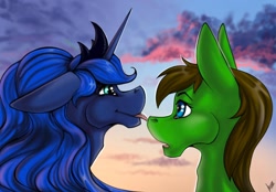 Size: 1180x820 | Tagged: safe, artist:stirren, princess luna, oc, alicorn, pony, g4, bust, canon x oc, commission, duo, heart, heart eyes, licking, mlem, nose licking, portrait, scenery, silly, sky, tongue out, wingding eyes, ych result