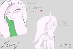 Size: 3000x2000 | Tagged: safe, artist:enonnnymous, princess celestia, oc, oc:anon, alicorn, human, pony, g4, /sun/, blushing, bronybait, dialogue, eyes closed, hand, heart, high res, human on pony petting, i love you, offscreen character, petting, pov, simple background, smiling, solo focus