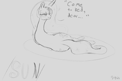 Size: 3000x2000 | Tagged: safe, artist:enonnnymous, princess celestia, alicorn, pony, g4, /sun/, bed, bedroom eyes, blushing, both cutie marks, butt, dialogue, high res, implied anon, looking at you, looking back, looking back at you, monochrome, plot, simple background, solo