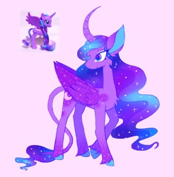 Size: 1922x1952 | Tagged: safe, artist:sidruni, princess luna, alicorn, pony, g4, big ears, colored hooves, curved horn, female, horn, leonine tail, mare, pink background, simple background, smiling, solo, tail, toy