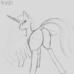 Size: 2000x2000 | Tagged: safe, artist:enonnnymous, princess celestia, alicorn, pony, g4, /sun/, blushing, butt, dock, high res, looking back, monochrome, open mouth, plot, smiling, solo, spread wings, tail, wings