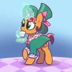 Size: 2368x2368 | Tagged: safe, artist:pfeffaroo, oc, oc only, oc:kettle chip, pony, unicorn, clothes, dress, food, high res, levitation, magic, solo, tea, telekinesis