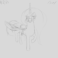 Size: 4000x4000 | Tagged: safe, artist:enonnnymous, alicorn, pony, /sun/, blushing, bridle, monochrome, raised hoof, saddle, simple background, solo, spread wings, tack, wings