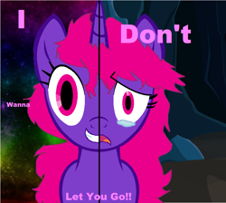 Size: 850x760 | Tagged: safe, artist:aproudhomestuck, oc, oc only, oc:ivory chocolate, pony, unicorn, cave, crying, dialogue, female, frown, horn, mare, no catchlights, rainbow, sad, smiling, text, two sides