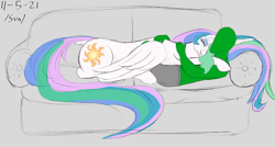 Size: 3000x1605 | Tagged: safe, artist:enonnnymous, princess celestia, oc, oc:anon, alicorn, pony, g4, /sun/, couch, cuddling, dock, duo, eyes closed, holding a pony, hug, lying down, smiling, tail