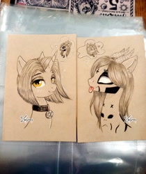 Size: 3008x3588 | Tagged: safe, artist:lailyren, oc, oc only, pony, unicorn, :p, collar, couple, female, high res, horn, male, mare, multiple horns, pentagram, sketch, stallion, thought bubble, tongue out, traditional art