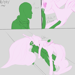 Size: 3000x3000 | Tagged: safe, artist:enonnnymous, princess celestia, oc, oc:anon, alicorn, human, pony, g4, /sun/, butt, comic, duo, high res, interspecies, kiss mark, kissing, lipstick, open mouth, pinned down, plot, pony on human action, smiling