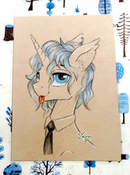 Size: 2603x3476 | Tagged: safe, artist:lailyren, oc, oc only, oc:hrabia de black sky, bat pony, pony, unicorn, :p, high res, male, necktie, sketch, solo, stallion, tongue out, traditional art