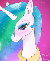 Size: 2000x2400 | Tagged: safe, artist:enonnnymous, princess celestia, alicorn, pony, g4, /sun/, blushing, dialogue, freckles, high res, looking at you, solo