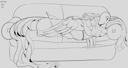 Size: 3000x1605 | Tagged: safe, artist:enonnnymous, princess celestia, oc, oc:anon, alicorn, human, pony, g4, /sun/, couch, cuddling, dock, duo, eyes closed, hug, lineart, lying down, monochrome, smiling, tail, wip