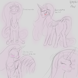 Size: 3000x3000 | Tagged: safe, artist:enonnnymous, princess celestia, alicorn, pony, g4, /sun/, blushing, butt, dock, drawpile, eyes closed, high res, looking back, monochrome, plot, simple background, sitting, sketch, smiling, solo, tail